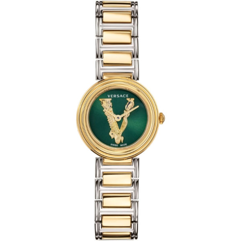Versace Virtus Mini Duo Two-tone Stainless Steel Green Dial Quartz Watch for Ladies - VET300821