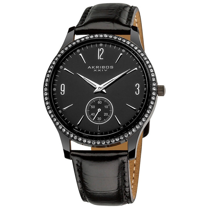 Akribos Xxiv Essential Crystal Quartz Black Leather Strap Men's Watch AK606BK