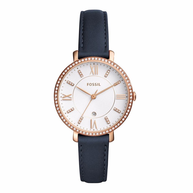 Fossil Jacqueline Three-Hand Date Navy Leather Watch ES4291 36 White Stainless Steel