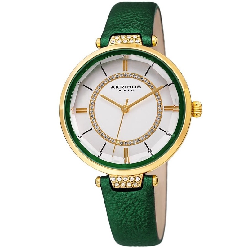 Akribos Xxiv Quartz White Dial Green Leather Ladies Watch AK1116GN