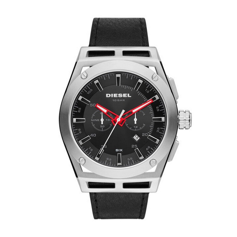 DIESEL DZ4543 Timeframe Chronograph Black Leather Men's Watch 48 Black Stainless Steel