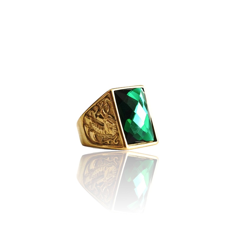 Big Daddy Emerald Green Dragon Engraved Gold Ring 8