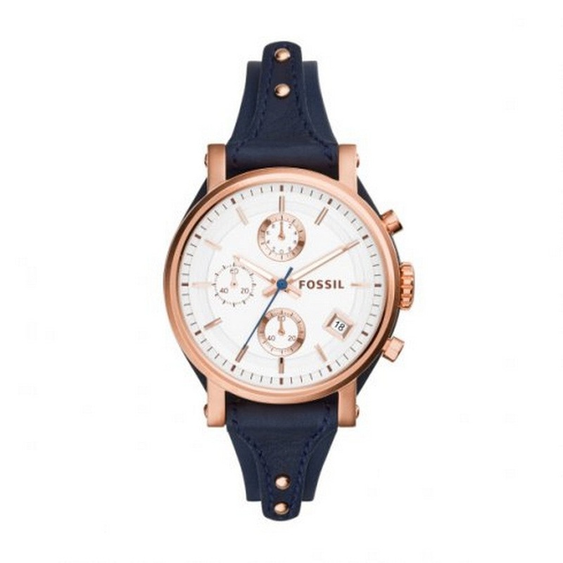 Fossil ES3838 Original Chronograph Navy Leather Ladies Watch 38 White Stainless Steel