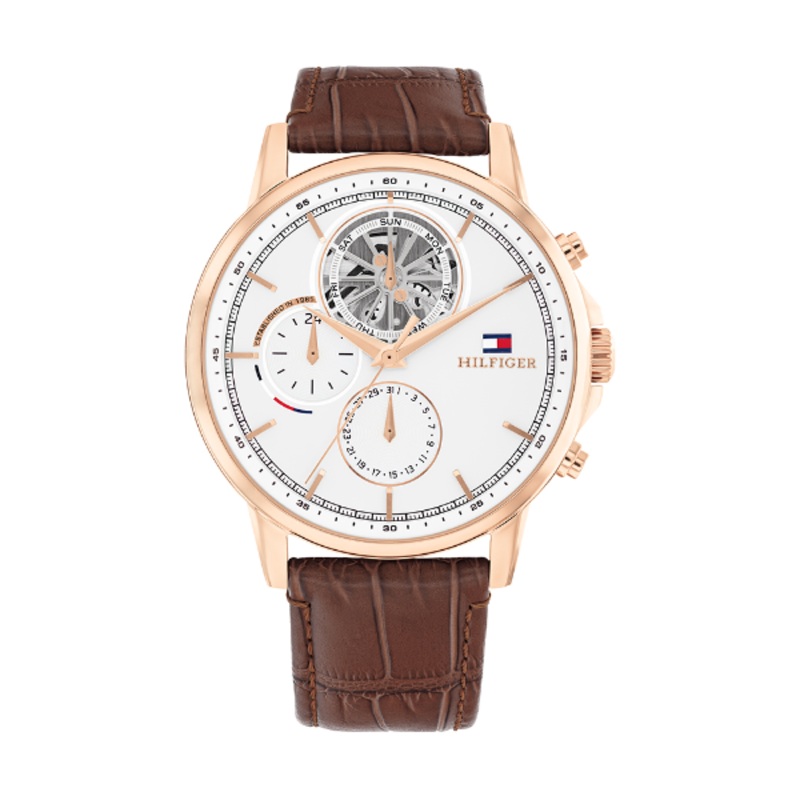 Tommy Hilfiger Stewart Brown Leather Strap White Dial Chronograph Quartz Watch for Gents - 1710606