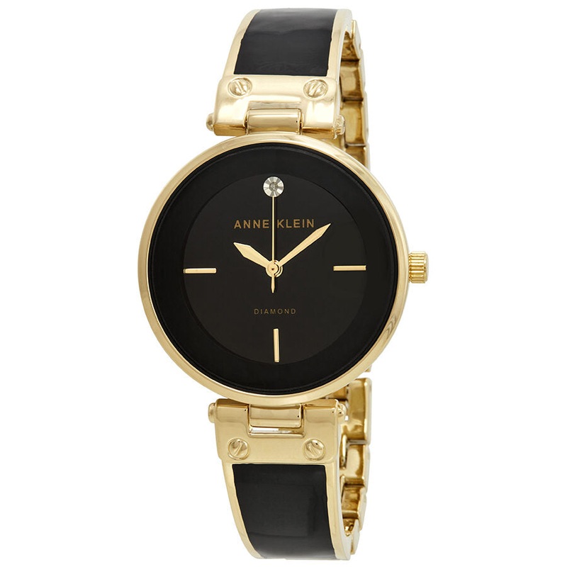 Anne Klein Black Dial Gold-tone and Black Resin Ladies Watch 1414BKGB