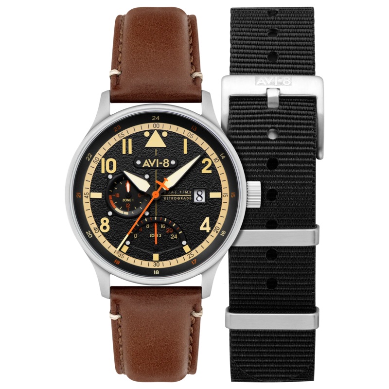 AVI-8 Hawker Hurricane McKellar Men's Black Brown Dual Time Watch AV-4101-0B