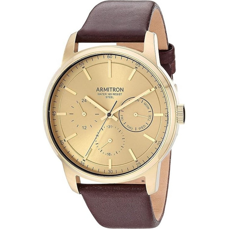 Armitron 20/5431GDGPBN MultiFunction GoldTone and Brown Leather Band Men's Watch 43 Gold Stainless Steel