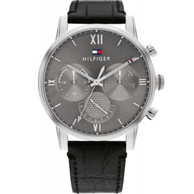 Tommy Hilfiger Sullivan Black Leather Strap Grey Dial Chronograph Quartz Watch for Gents - 1791883