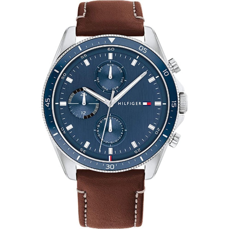 Tommy Hilfiger Parker Brown Leather Strap Blue Dial Chronograph Quartz Watch for Gents - 1791837