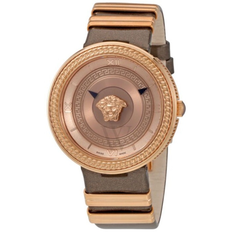 Versace V Metal Icon Gold Dial Brown Strap Watch for Women - VLC130016