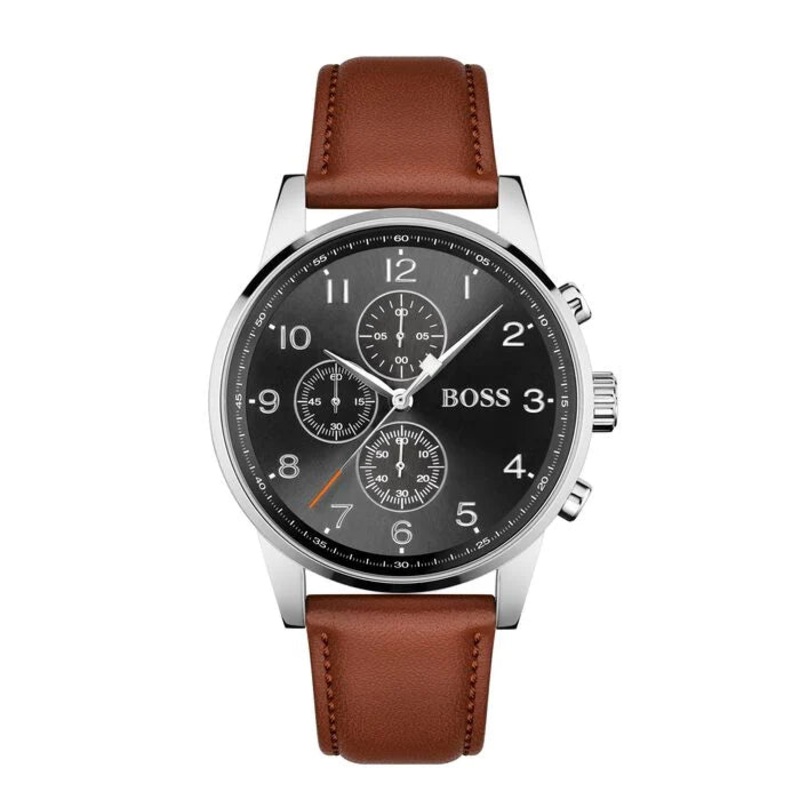 Hugo Boss Navigator Mens Chronograph  44?mm Stainless Steel Case & Leather or Mesh Strap 44 Black Stainless Steel