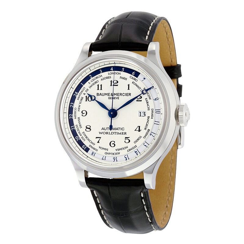 Baume and Mercier Capeland Worldtimer Automatic Off White Dial Black Leather Men's Watch 10106 MOA10106