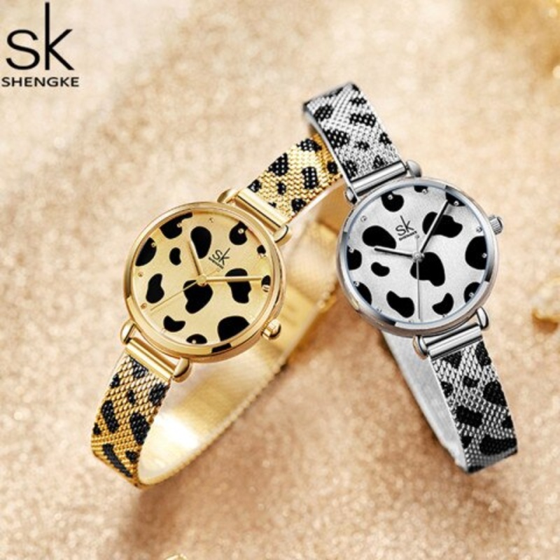 Imported SHENGKE New Leopard Women Watches SK Mesh Steel Quartz Ladies Wristwatch Luxury Gift Clock For Female 2021