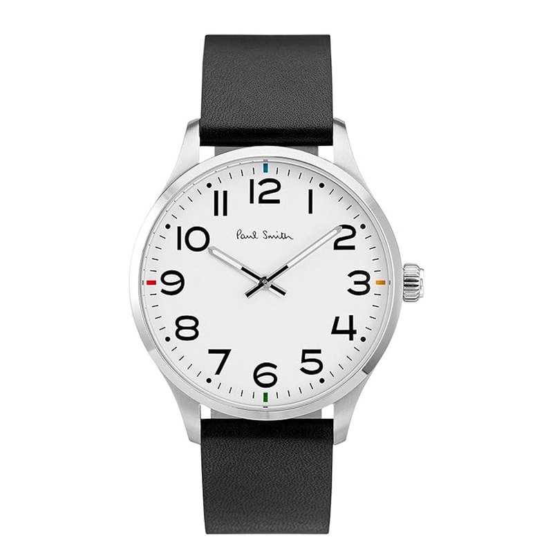 PAUL SMITH P10065 Analogue White Dial and Black Leather Strap Men's Watch 41 White Stainless Steel
