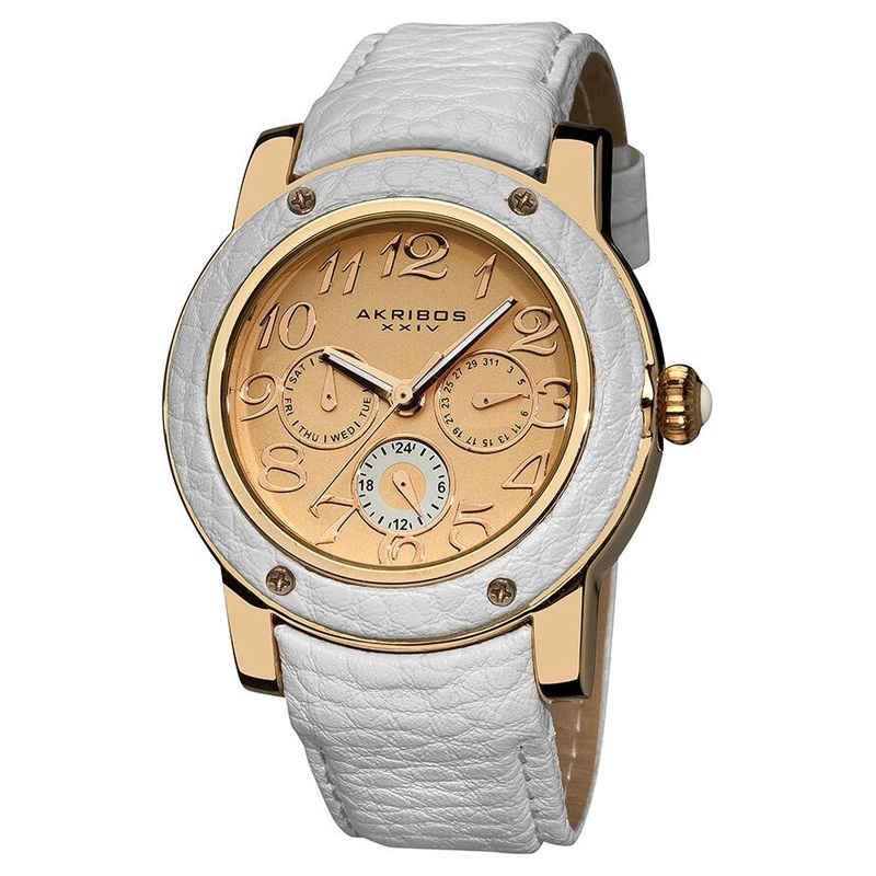 Akribos XxivGMT Multi-Function White Leather Ladies Watch AK560WT
