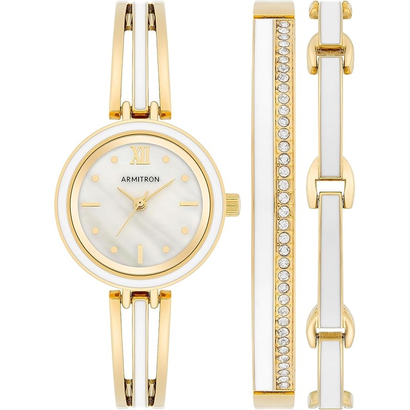 Armitron 75/5917MPGPST Armitron Women's Mother of Pearl Dial Enamel and Crystal Accented Bracelet Watch Set 26 White Stainless Steel