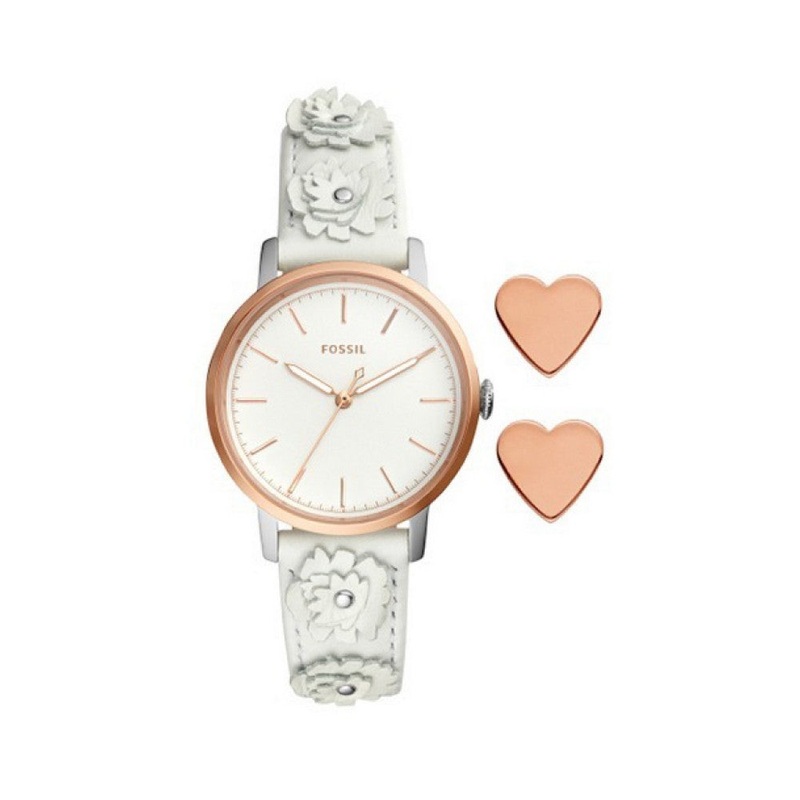 New Fossil Women Neely White Leather Strap Watch & Heart Earring Set ES4383 34 Gold Stainless Steel