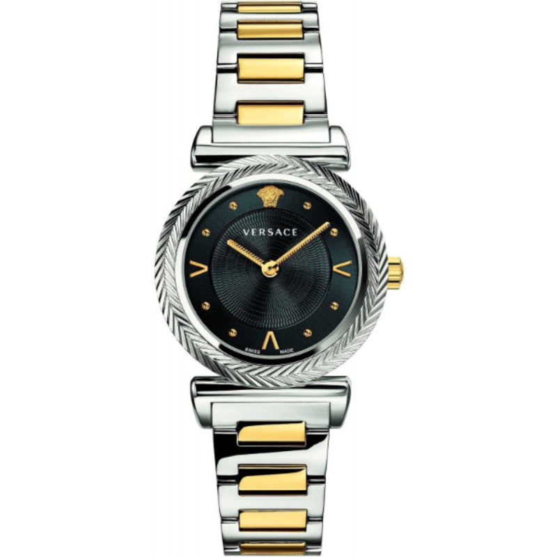 Versace V-Motif Two-Tone Stainless Steel Black Dial Quartz Watch for Ladies - VERE00518