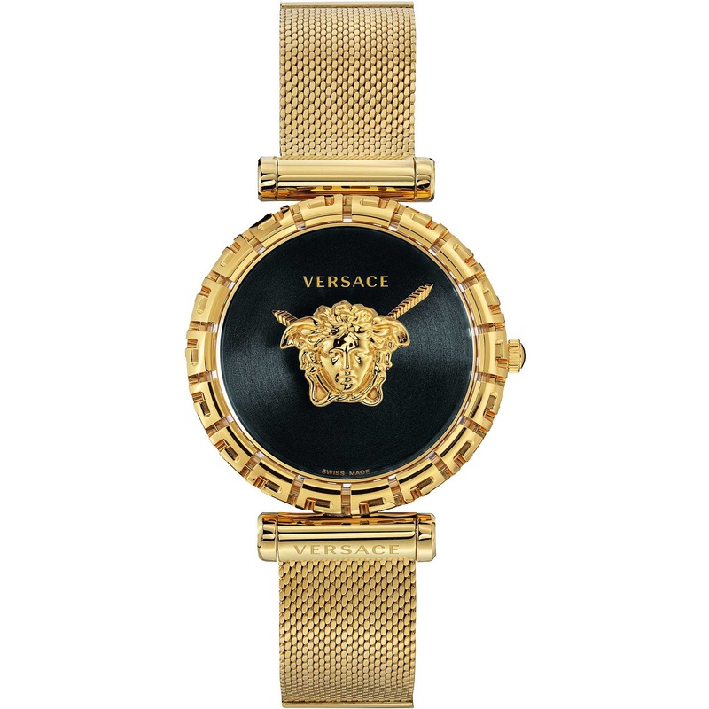 Versace Palazzo Empire Greca Gold Mesh Bracelet Black Dial Quartz Watch for Ladies - VEDV00519