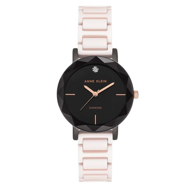 Anne Klein Diamond Black Dial Blush Pink Ceramic Ladies Watch 3365GYLP