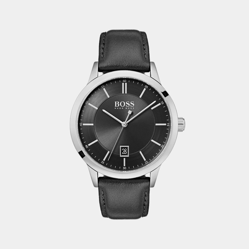 BossMen Black Analog Leather Watch 1513611 36 Black Stainless Steel