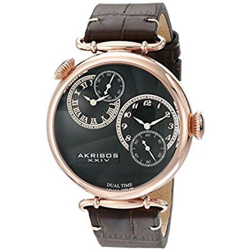Akribos Xxiv Dual Time Black Dial Rose Gold-Tone Men's Watch AK796RG