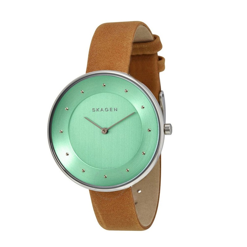 SKAGEN SKW2327 Gitte Light Green Dial Light Brown Leather Strap Women's Watch 38 Green Stainless Steel