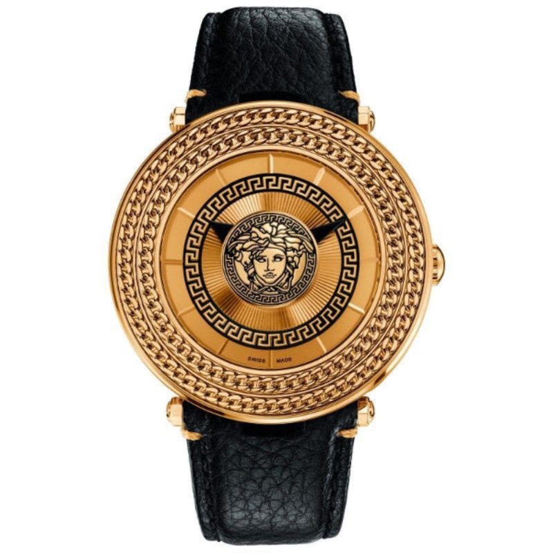 Versace V-Metal Black Leather Strap Gold Dial Quartz Watch for Gents - VQL 020015