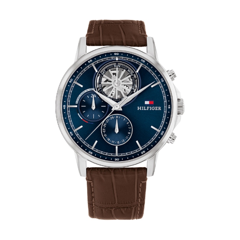 Tommy Hilfiger Stewart Brown Leather Strap Blue Dial Chronograph Quartz Watch for Gents - 1710629