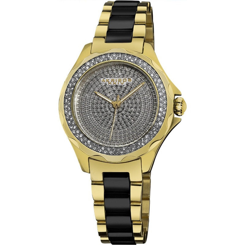 Akribos XxivDiamond Gold-Tone Stainless Steel and Black Ceramic Ladies Watch AK534YG