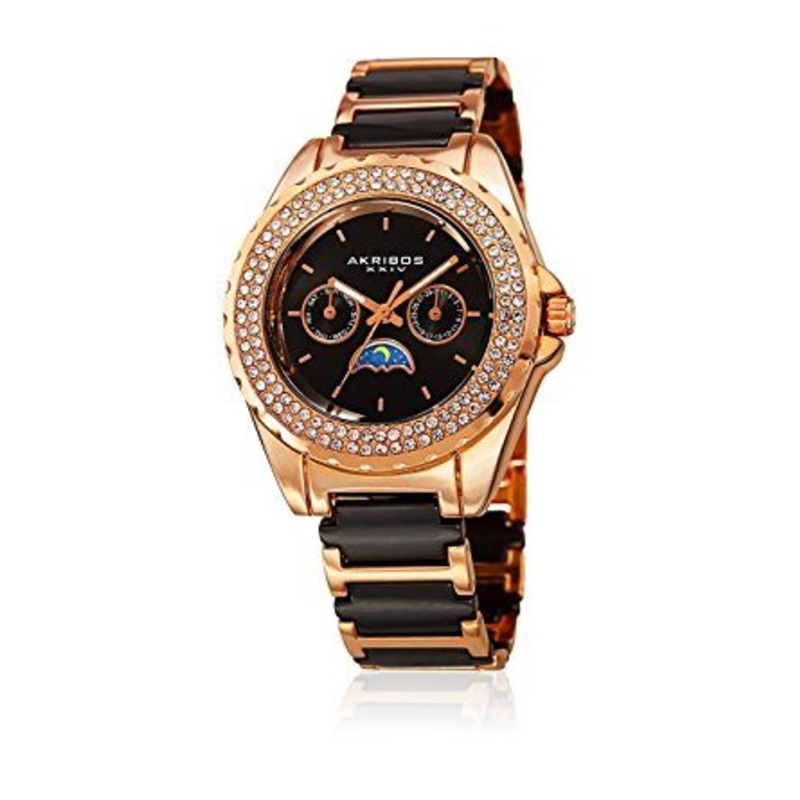 Akribos Xxiv Black Dial Rose Gold-tone and Ceramic Ladies Watch AK961RGB
