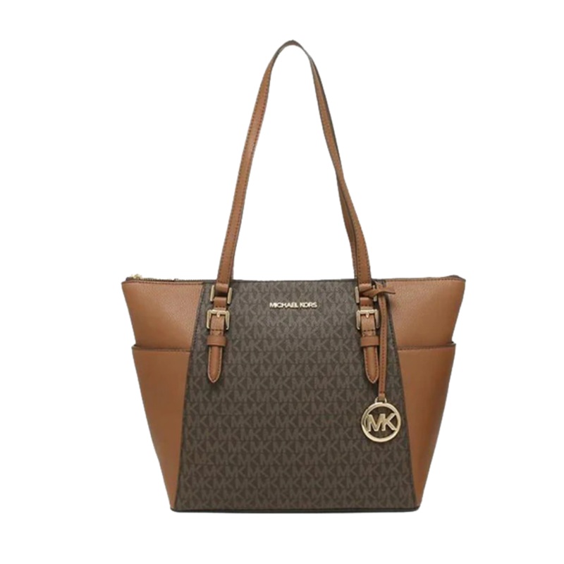 MichaelKors Charlotte Large Top-Zip Tote  Brown Monogram Canvas & Leather Trim (Style35T0GCFT3B)