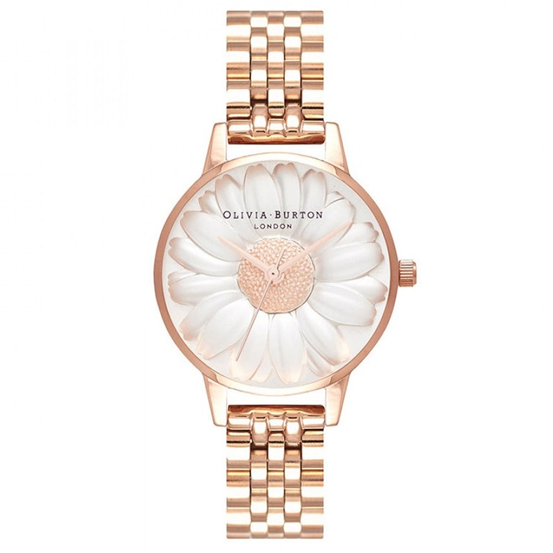 OLIVIA BURTON OB16FS102 3D Daisy White Dial Rose Gold Women's Watch 34 White Stainless Steel