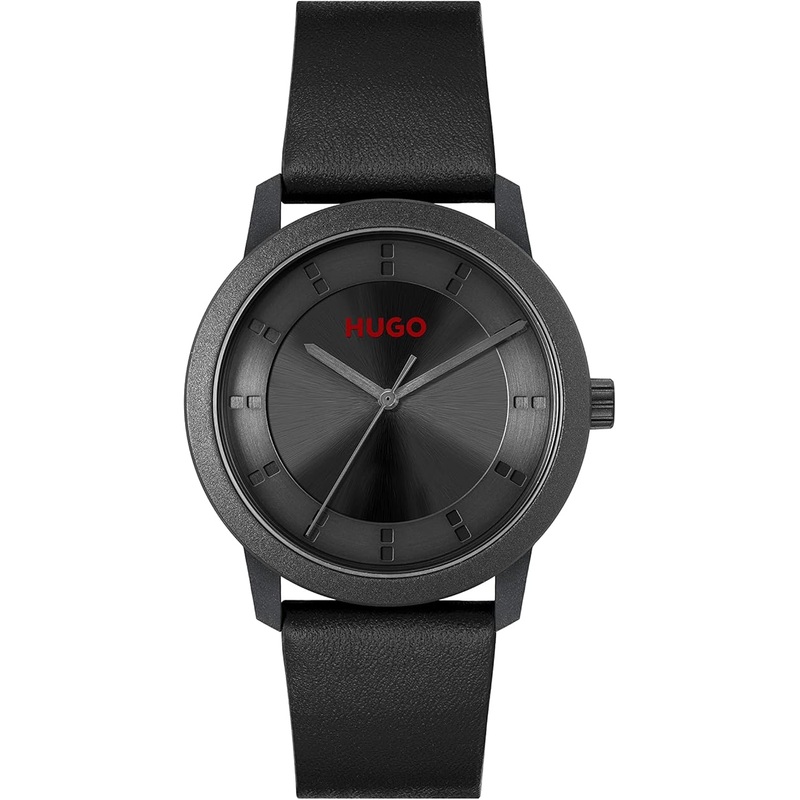 HUGO #Ensure 1530273 Mens Watch  42?mm Castor Oil Plastic Case & Black Recycled Leather Strap 42 Black Stainless Steel