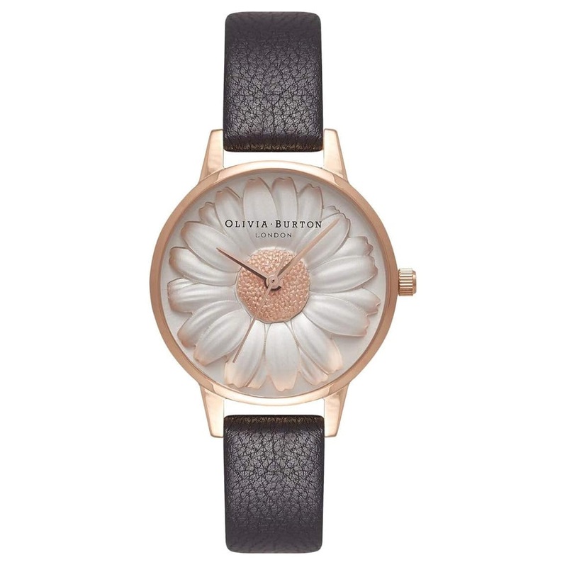 OLIVIA BURTON OB16FS97 3D Daisy White Dial Black Leather Strap Women's Watch 30 White Stainless Steel