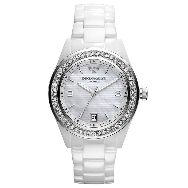 Emporio Armani Cermaica Mother of Pearl Dial Women's Watch AR1426 39 Nude Stainless Steel