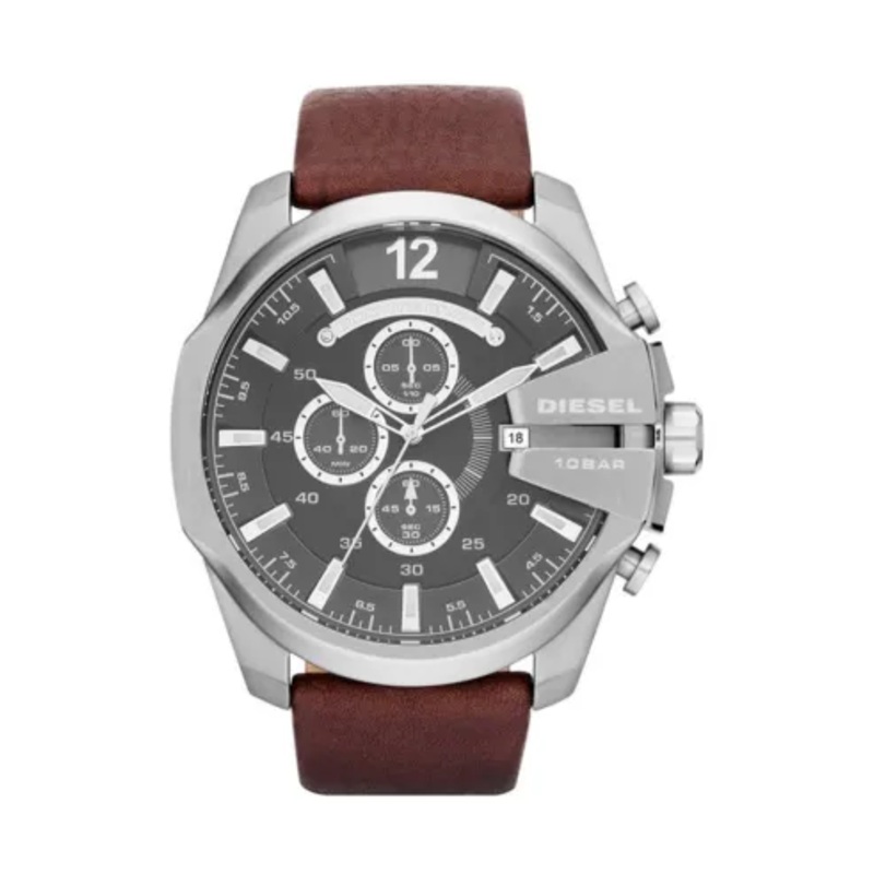 Diesel DZ4290 Mega Chief Chronograph Brown Leather Men's Watch - 51mm 51 Black Stainless Steel