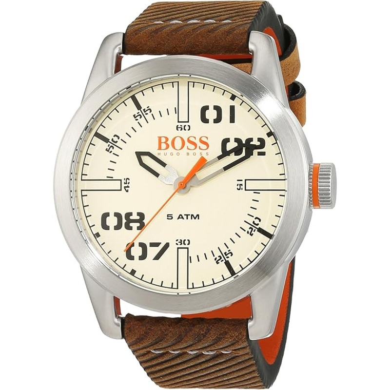Hugo Boss Orange Oslo Men's Quartz Analogue Classic Brown Leather Strap 1513418 44 off white Stainless Steel