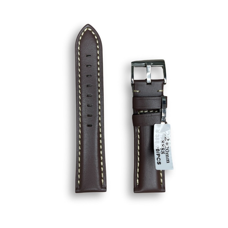 Wojue Plain Brown Leather  Strap with White Stitching 22mm