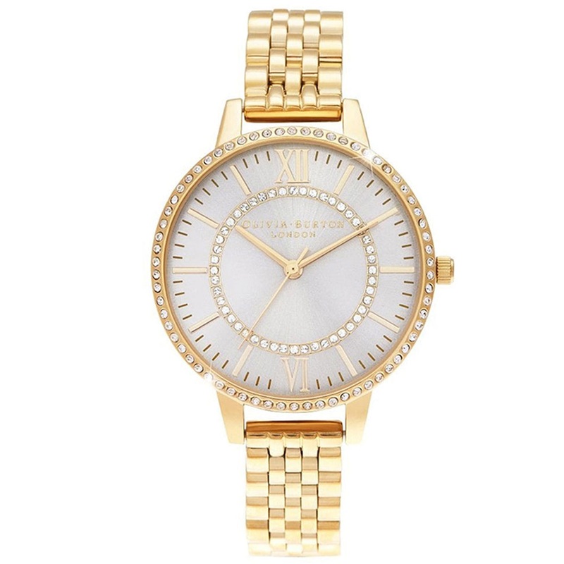 OLIVIA BURTON OB16WD90 Wonderland Mother Of Pearl Demi Dial Gold Women's Watch 34 Grey Stainless Steel