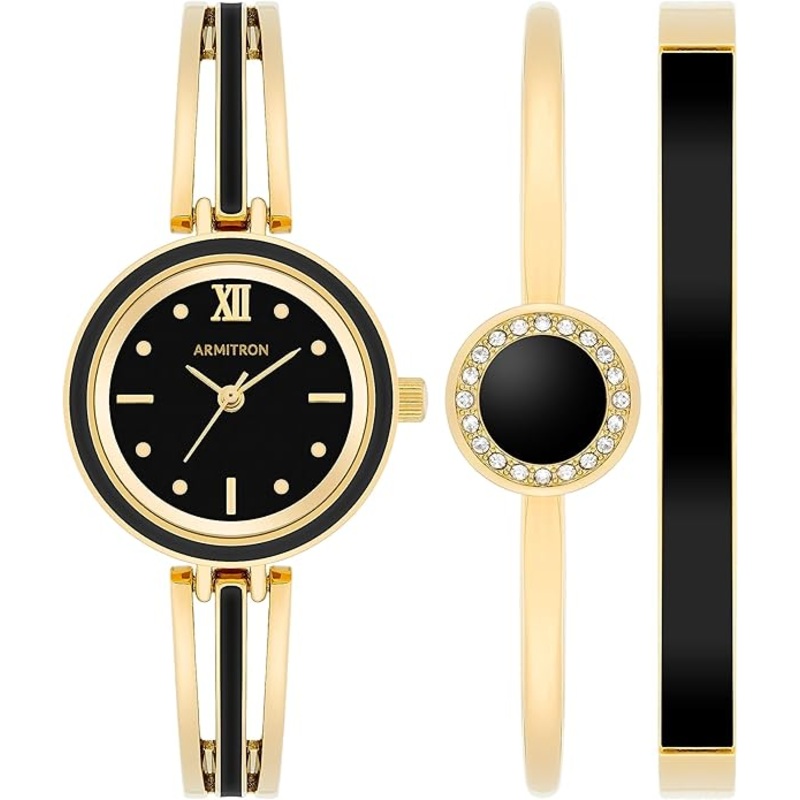 Armitron 75/5916BKGPST Armitron Women's Gold and Black Stainless Steel Bracelet Analog Watch 28 Black Stainless Steel