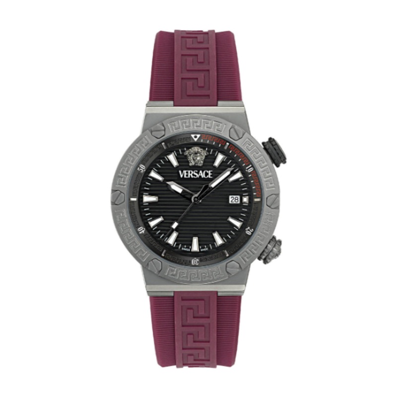 Versace Greca Logo Divers Red Silicone Strap Black Dial Quartz Watch for Gents - VE8G00224