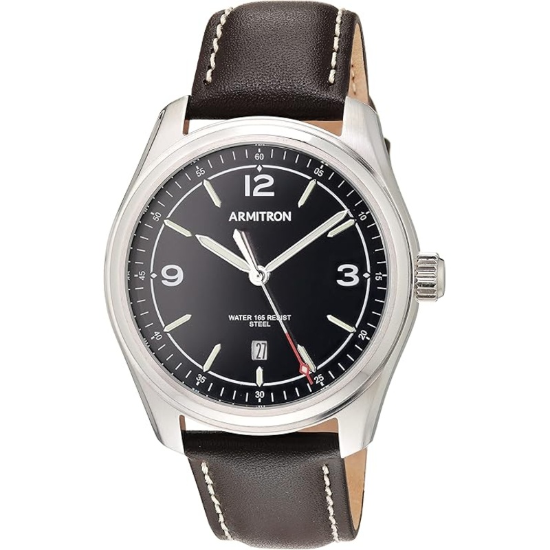 Armitron 20/5487BKSVBN Armitron Men's Black Dial Brown Leather Strap Watch 40 Black Stainless Steel