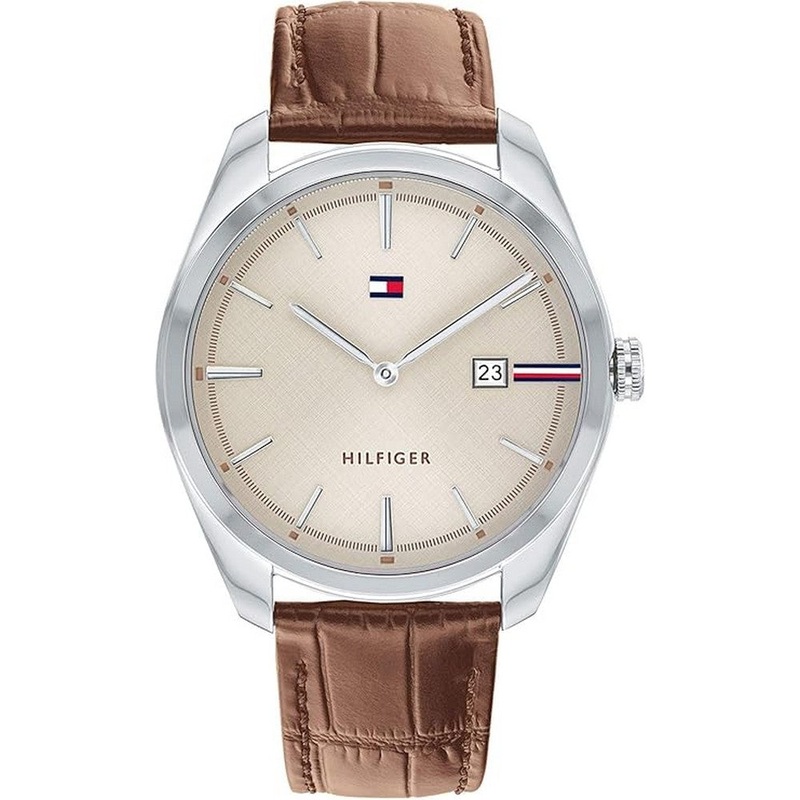 Tommy Hilfiger 1710430 Men's White Dial Brown Leather Strap Men's Watch 42 White Stainless Steel
