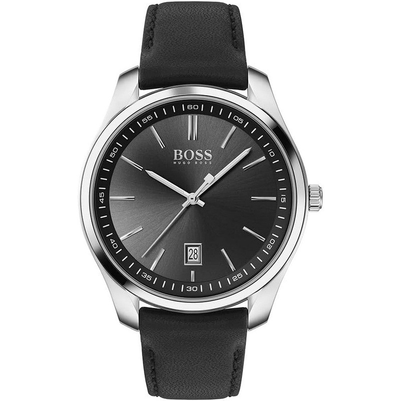 HUGO BOSS Men's Analogue Quartz Watch with Black Leather Strap 42 Black Stainless Steel