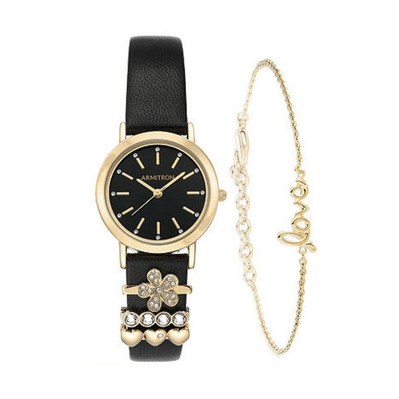 Armitron 75/5759BKGPST Swarovski Accented Leather Strap Women's Watch SET 28 Black Stainless Steel